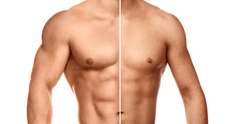 Comparison of bodybuilding progress. Male torso on white background.の写真素材