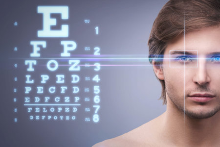 Male face and eye chart. Eyesight concept