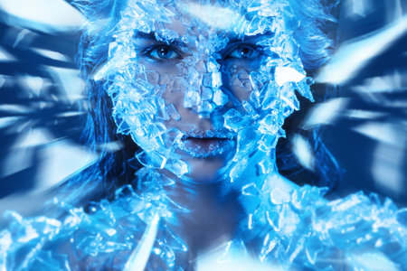 Female face covered with a lot small pieces of glass. Realistic visual effects made of silicone gel.の写真素材