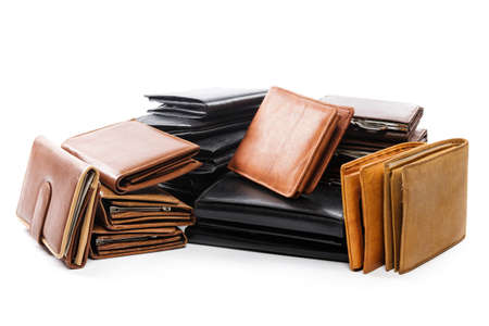 Different leather wallets on white backgroundの写真素材