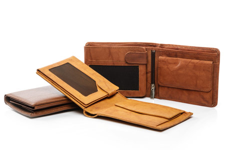 Different leather wallets on white backgroundの写真素材