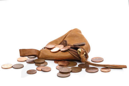 Small leather wallet with a euro cent coins on white backgroundの写真素材