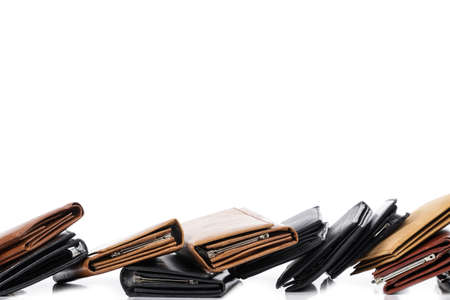 Different leather wallets on white backgroundの写真素材