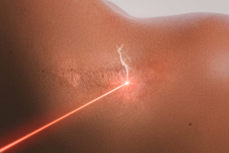 Female shoulder and laser beam during scar removal treatment