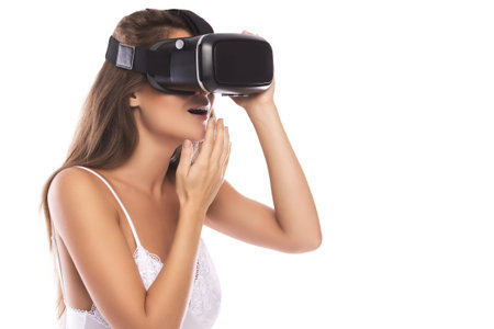 Woman is using VR headset on white background