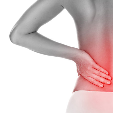 Woman with lower pain back on white background