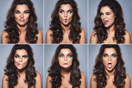Woman making silly faces. Set of different facial expressions.の写真素材