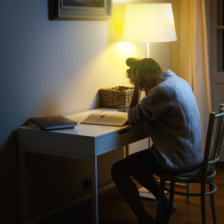 Tired student with headache after long studying and reading books