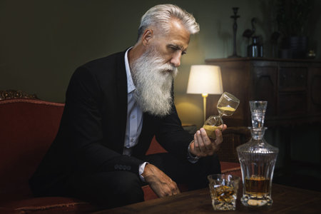 Handsome bearded senior man is looking at hourglass