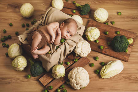 Little baby is lying in the box with a lot of different cabbagesの写真素材