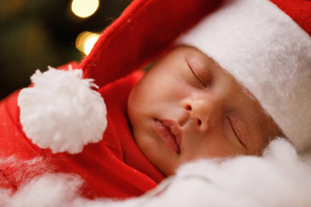 Cute newborn baby wearing Santa Claus hat is sleeping