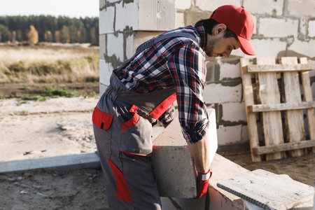 Bricklayer is working at the construction site