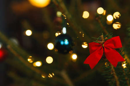 Close-up of decorations on the Christmas treeの写真素材