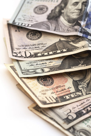 Close up of the different US dollar bills
