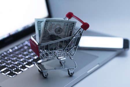 Miniature shopping cart with the US dollar bill insideの写真素材