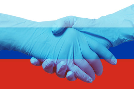 eople wearing latex gloves greeting each other.の写真素材