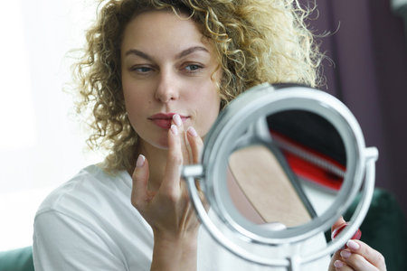 Beautiful woman looking into a mirror and applying lip balm