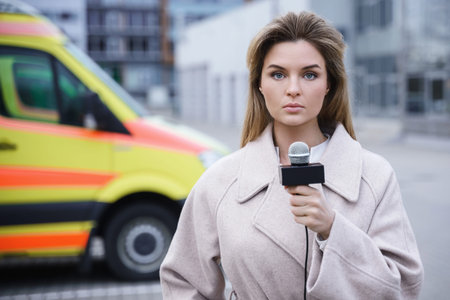 Worried news reporter speaking into a microphone