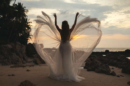 Silhouette of bride wearing beautiful wedding dress on the beachの写真素材