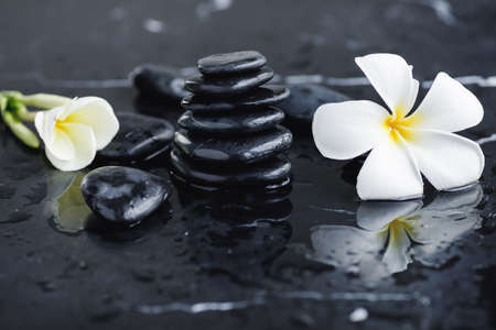 Beautiful plumeria flower and hot spa stonesの写真素材