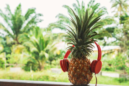 Ripe pineapple and red headphones on itの写真素材