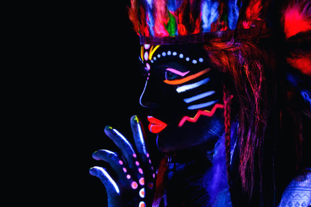 Model in image of Native american with neon makeup, which made of fluorescent paint in ultraviolet...
