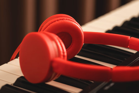 Closeup of red headphones over synthesizer keyboard