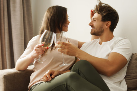 Happy couple drinking wine and relaxing at home