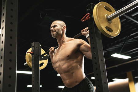 Bodybuilder during his workout with a barbell in the gym