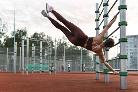 Strong woman is doing human flag exercise during her calisthenics workout