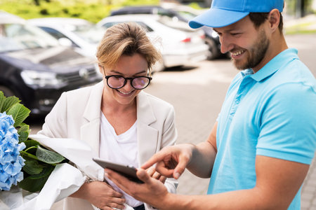 Young delivery man in blue uniform delivers flowers to a woman clientの写真素材