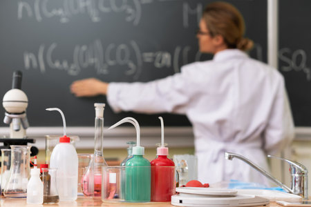 Teacher explaining how to read a chemical equation on a chalkboard during a chemistry lessonの写真素材