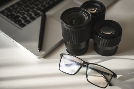 Photographers workplace with a different prime lensesの写真素材
