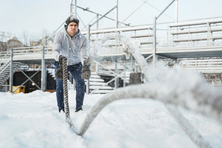 Young athlete working out with a battle ropes during snowy winter day.の写真素材