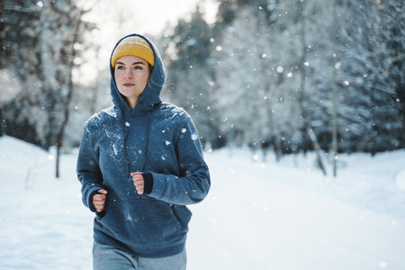 Woman during her jogging workout during winter and snowy dayの写真素材