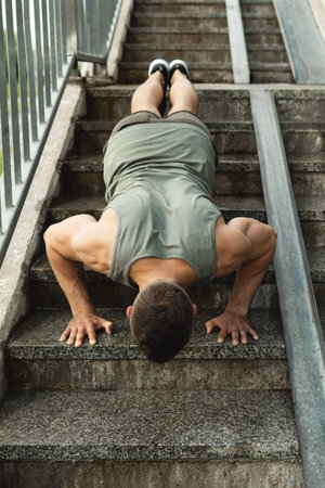 Muscular man is doing push-ups during calisthenic workout on a street