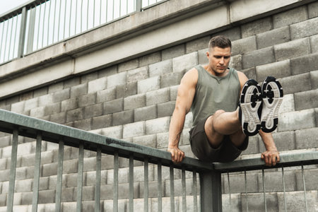 Man athlete doing L-sit exercise during his calisthenics workout