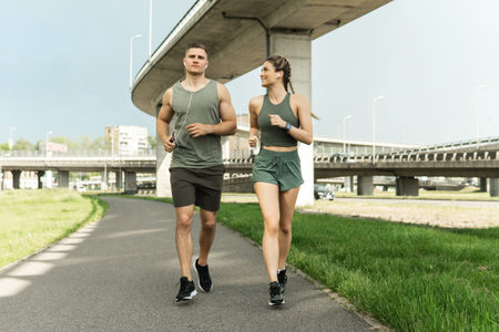 Sportive couple during jogging workout on city street