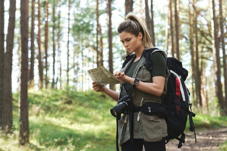 Female hiker with big backpack using map for orienteering in the forestの写真素材