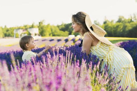 Beautiful young woman and her baby son in the lavender fieldの写真素材