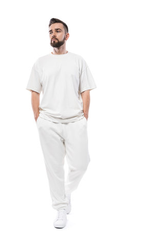 Handsome man wearing white clothes with a blank space for design on white backgroundの写真素材