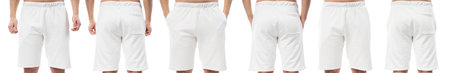 Collage from different sides of man wearing white blank shorts for design on white backgroundの写真素材