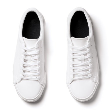 Pair of white leather trainers on white backgroundの写真素材