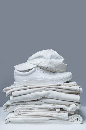 Stack of white clothes, trainers and baseball capの素材 [FY310218829406]