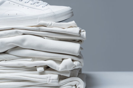 Stack of white clothes and stylish trainersの写真素材