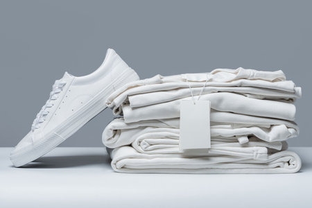 Stack of new white clothes with a blank garment tagの写真素材