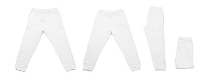 Collage of differently folded white sweatpants on white backgroundの写真素材