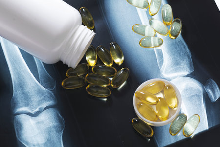 X-ray image and jar with fish or krill oil capsules