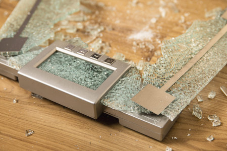 Cracked glass weighing scale on the floor