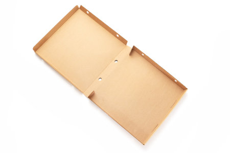 Empty cardboard pizza box isolated on white backgroundの写真素材
